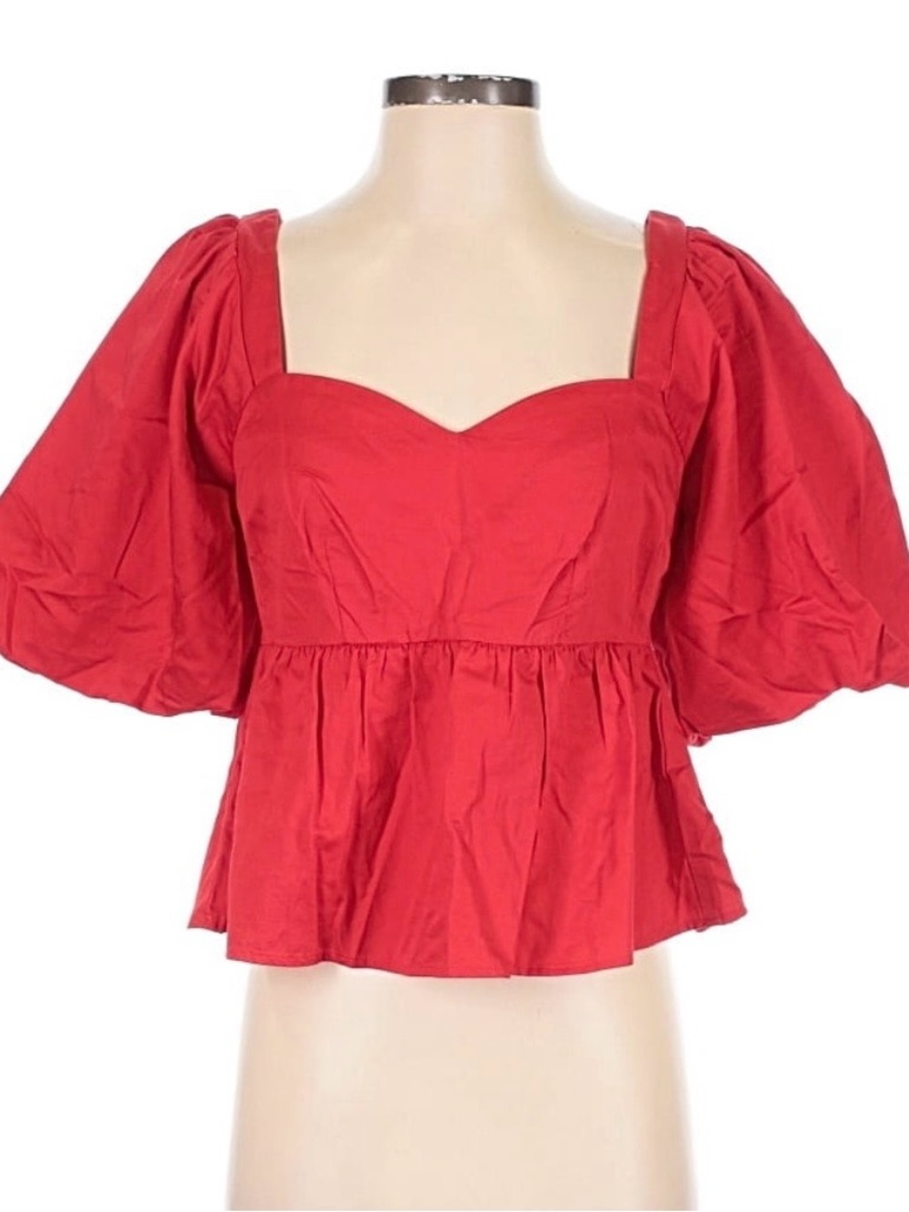 Red Puff Sleeve Peplum Blouse